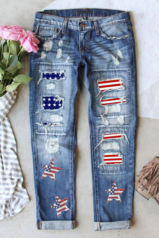 US Flag Mid-Rise Waist Straight Jeans