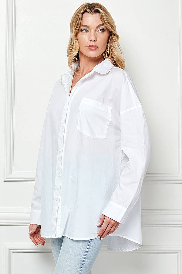 OverSized Button down Poplin Shirt: WHITE / L