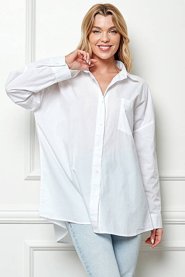 OverSized Button down Poplin Shirt: WHITE / L